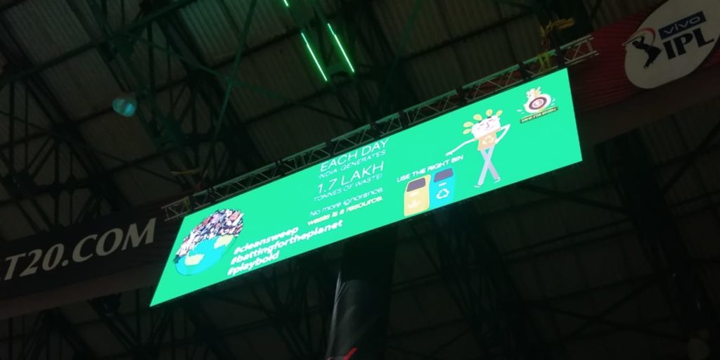 Sustainable waste management messages being flashed across the screens at Chinnaswamy